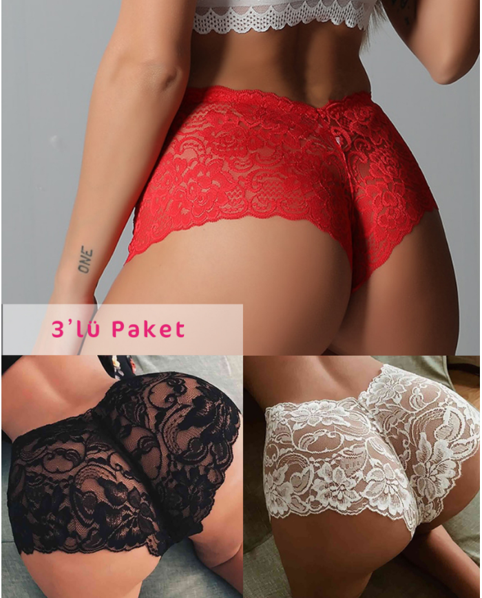 Siyah Beyaz Kırmızı 3'lü Dantel Külot Paketi | Özelisse